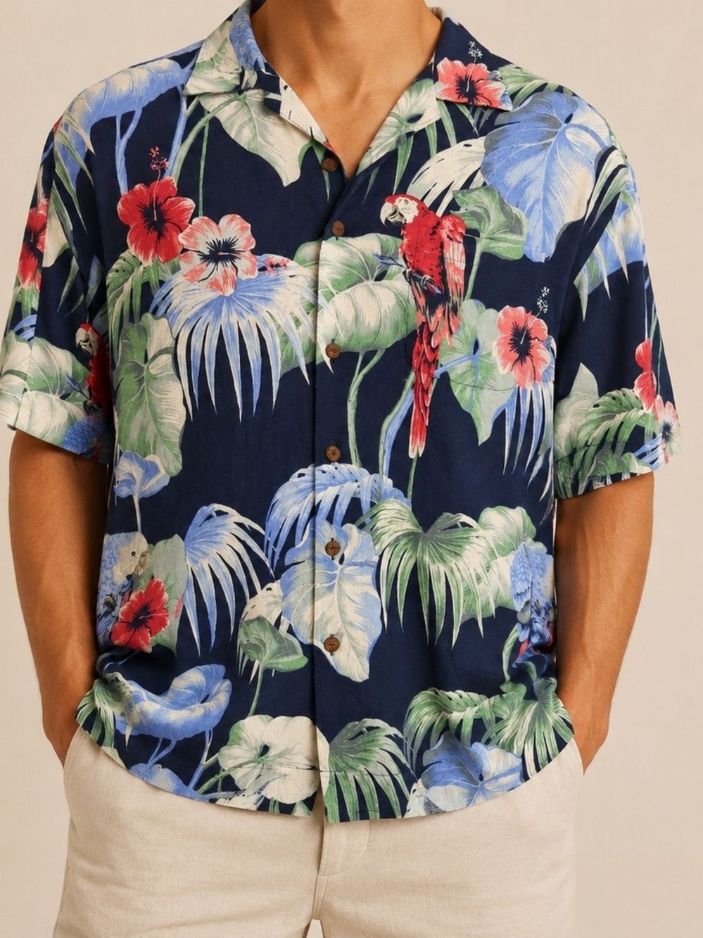 Caribbean Silk Blend Hawaiian Tropical Parrot Camp Shirt XL Blue Floral Button